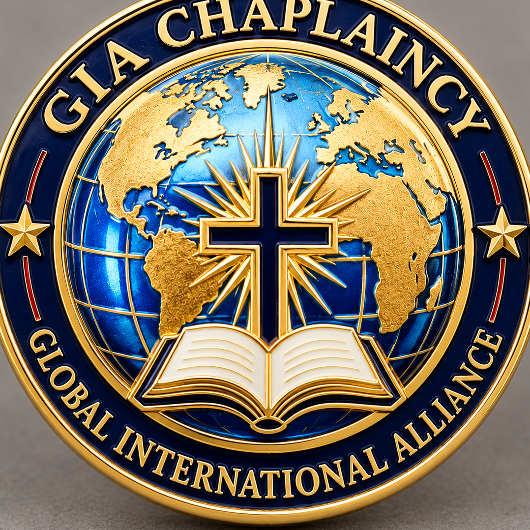GIA Chaplaincy Pin: gold and navy enamel medallion showing a globe, cross and open book